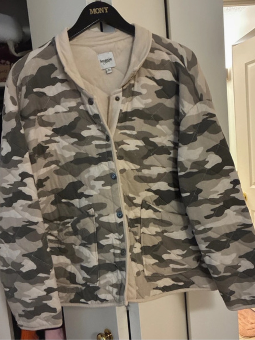 Kensie Beige & Olive Camo Quilted Bomber Jacket